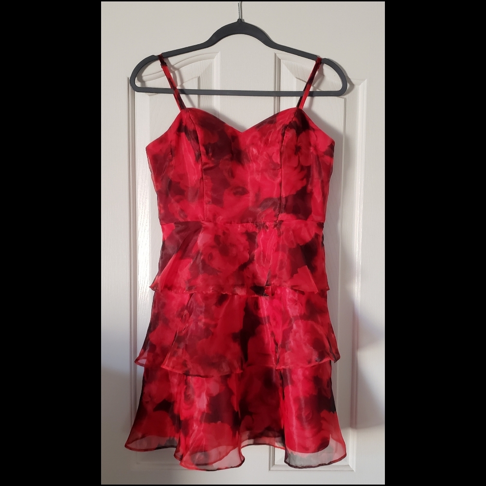 BCX Rose Print Layered Ruffle Fit-and-Flare Mini Dress